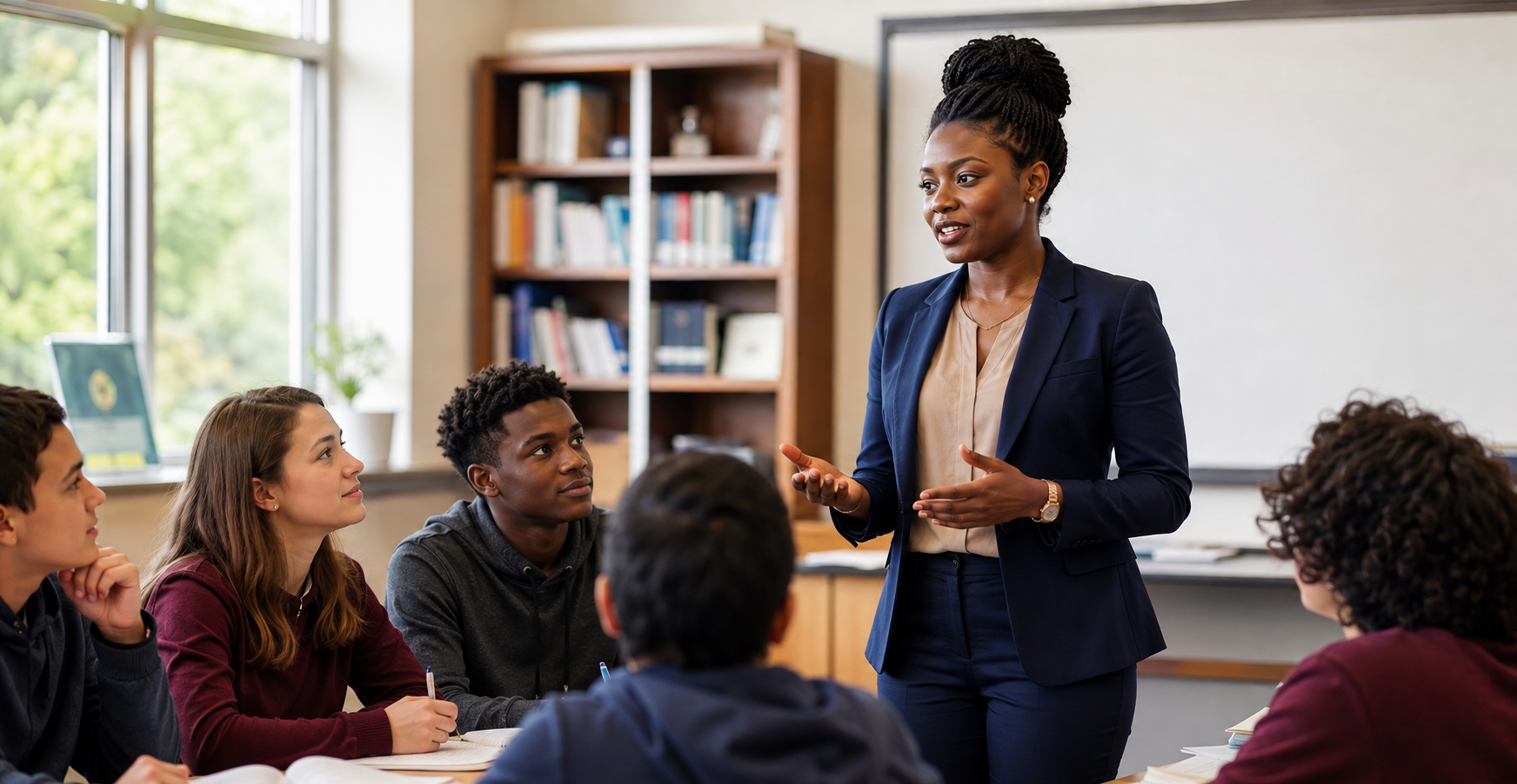 Kenyan teacher leading students in an American classroom